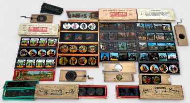 A collection of assorted Magic Lantern slides, some boxed, some loose, including some coaching
