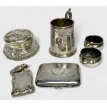 A small collection of assorted silver cases and pots, comprising, a cut-glass toilet jar with silver