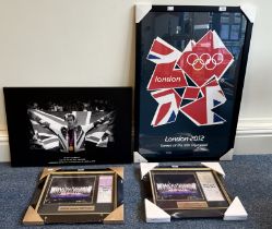Eight assorted London 2012 works of art, comprising, graphic design, prints, and montages, to