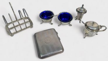 A George V silver toast rack and a silver pocket cigarette case, together with a matched silver