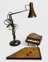 A miniature wooden grand piano and wooden stringed zither, together with a brown anglepoise 'type'