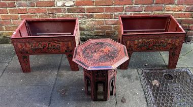 A Burmese red lacquer occasional table of octagonal form, with collapsable base, togther with a pair