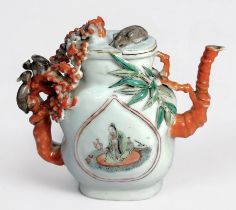 An unusual Chinese Qing Dynasty porcelain wine ewer or Cadogan ‘type’ puzzle pot, moulded oval