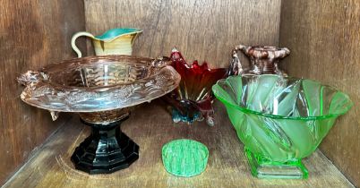 A quantity of assorted ceramics, comprising, three various coloured glass fruit bowls, including a