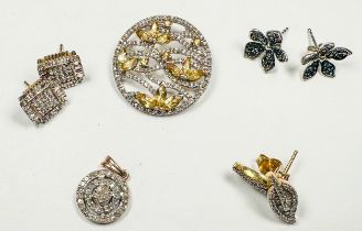 Three pairs of silver earrings, pave set with diamonds, together with two various silver pendants