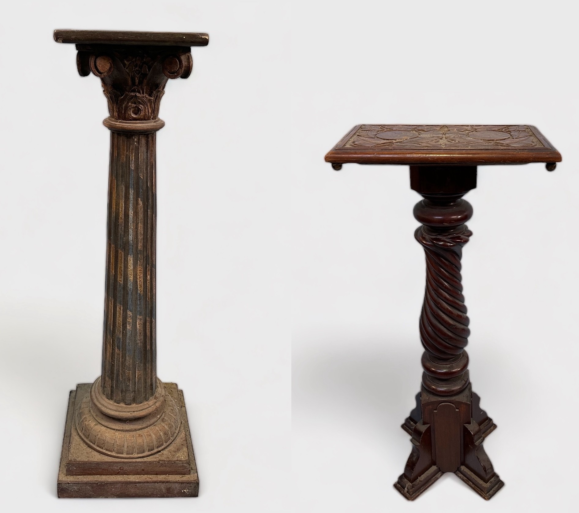 A stained wood torchere stand with composite capital and fluted column to square pedstal base, 118cm
