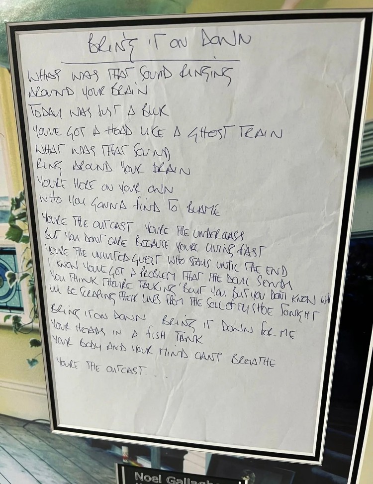 Original handwritten lyrics for ‘Bring It On Down’ by Noel Gallagher for Oasis album ‘Definitely - Image 3 of 3