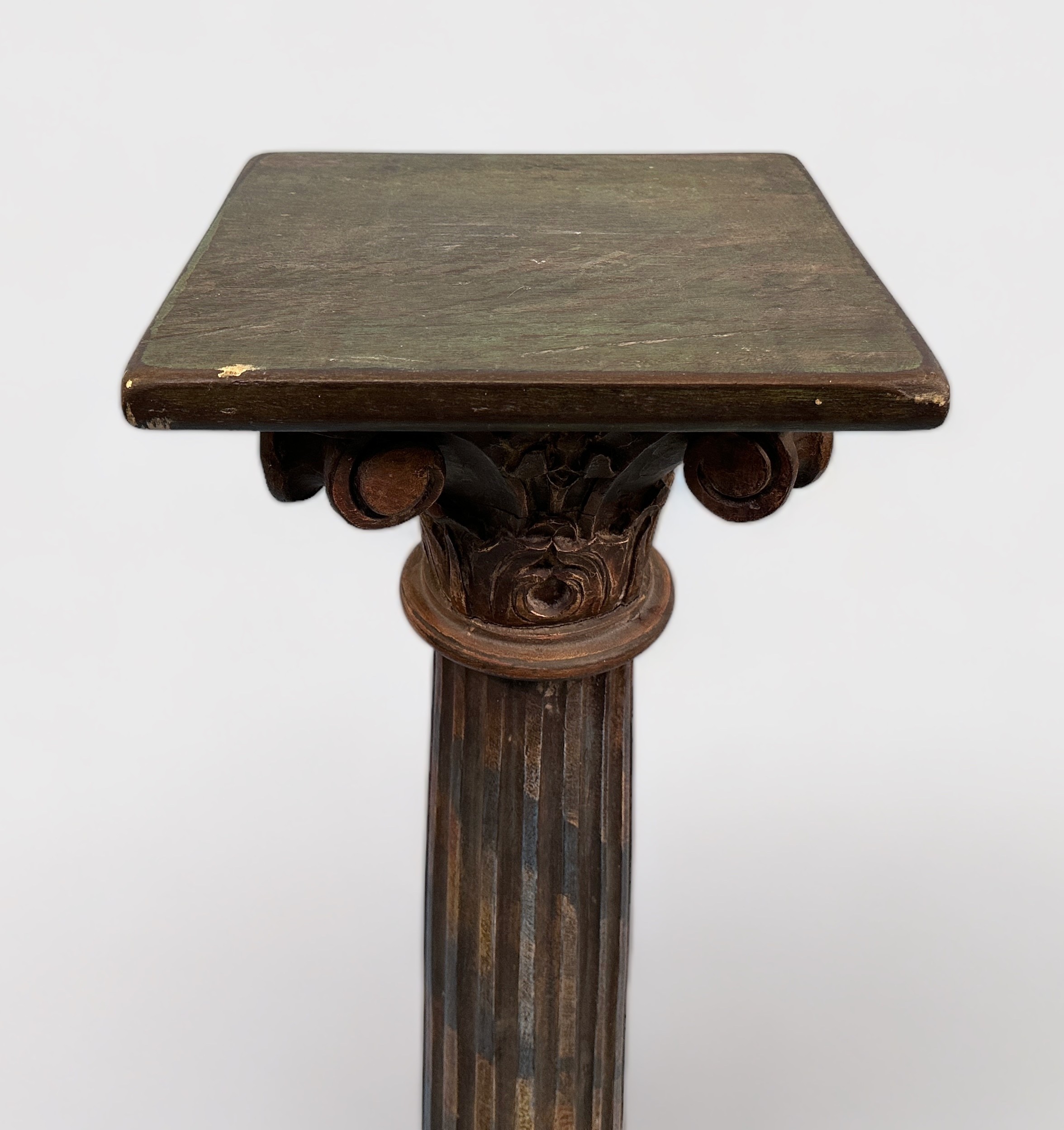 A stained wood torchere stand with composite capital and fluted column to square pedstal base, 118cm - Image 3 of 3