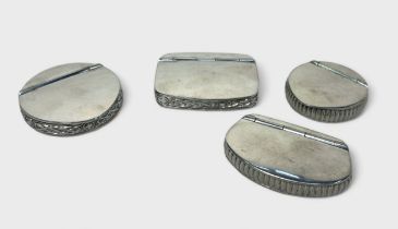 A collection of four James Furniss Ltd pewter snuff boxes, of various shapes and sizes, each with