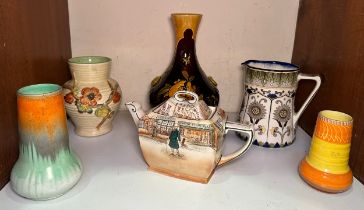 Various English ceramics including Doulton 'Mr Micawbar' teapot, Clarice Cliff vase, two Shelly