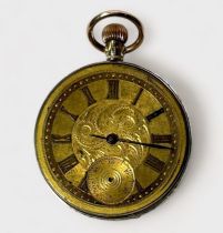 A vintage 9ct gold cased open-face pocket watch, the gilt dial with scrolled decoration, Roman