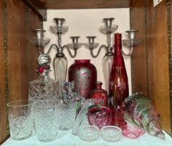 A pair of glass and pewter candelabra, together with various cut glass, decanter, four tumblers,