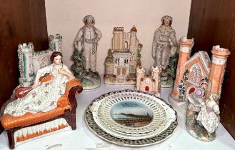 A pair of 19th century Staffordhire pottery Ottoman figures, together with various pottery castle