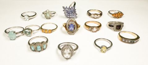Fifteen various silver gem-set dress rings, including tanzanite and topaz etc, total weight 52.0