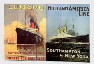 Two modern retro printed Cruise Line advertising pictures, 'Cunard' and 'Holland America Line,' on