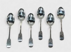 A set of six Edwardian silver spoons by Charles T Maine, with bright cut foliate decoration and