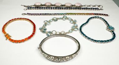 Six assorted silver bracelets, set with various coloured stones, including amethyst, and sapphire