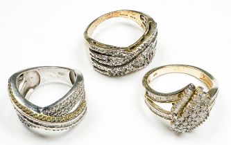 Three various silver dress rings, all set with diamonds, estimated total diamond weight 2.50cts,