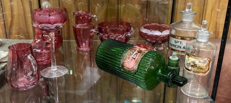 Four 19th century glass apothocary bottles together with eight Cranberry glass items. (12)