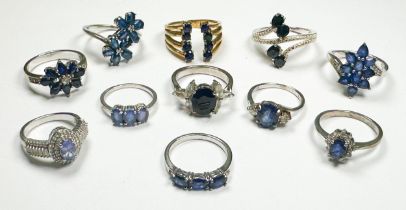 Eleven various silver dress rings, set with sapphires and diamonds, total weight 41.7 grams.