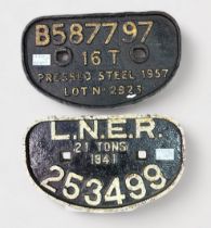 An LNER cast iron railway plate and another numbered railway plate, both 28cm wide, (2)