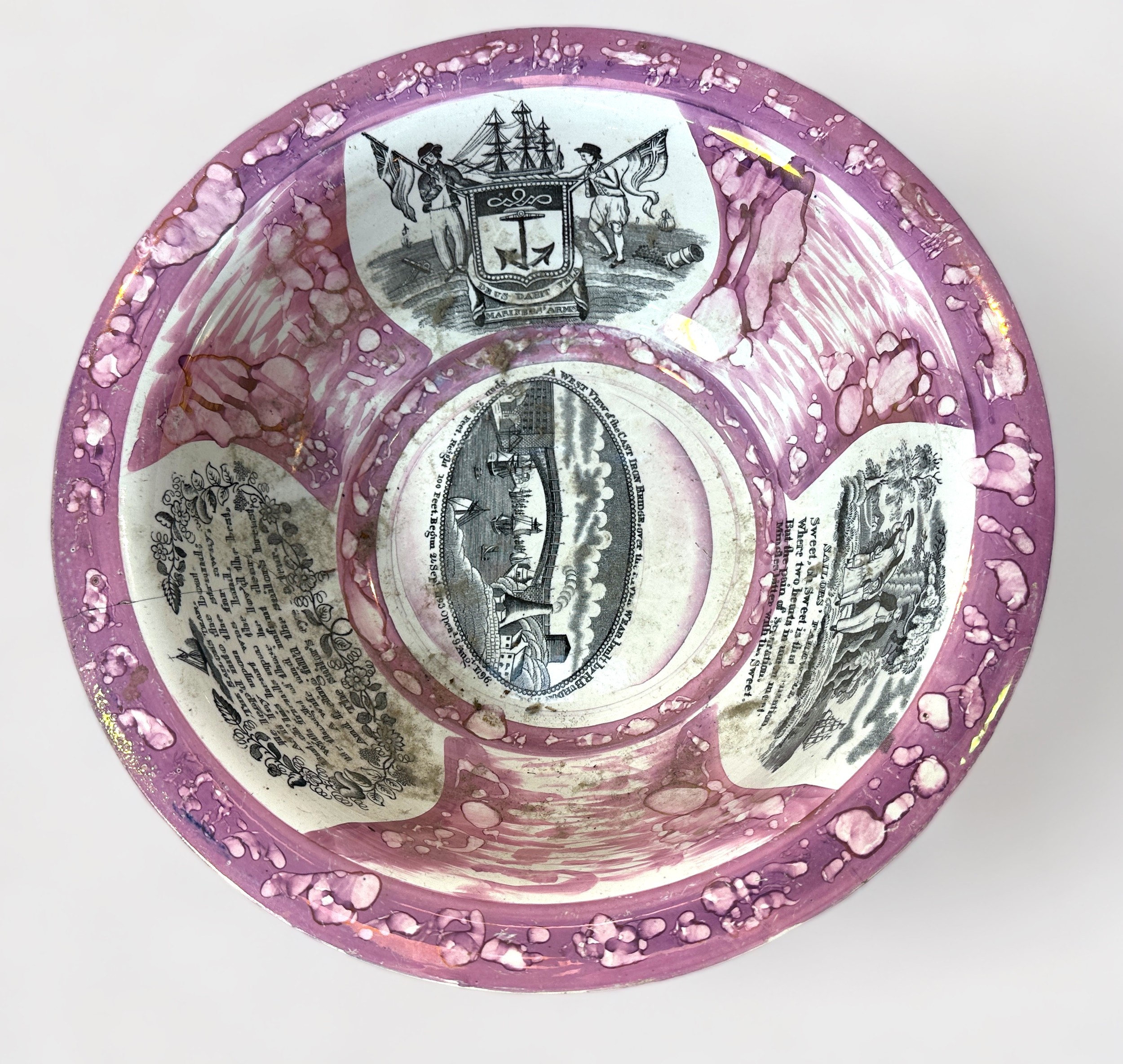 A 19th century Dixon & Co Sunderland pink Lustre bowl printed with ship, Mariner's verse, various - Image 4 of 8