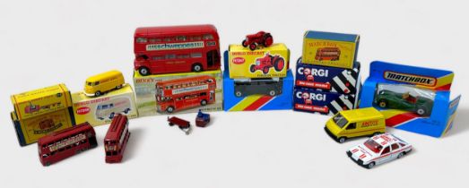 A small quantity of boxed die-cast scale model vehicles, comprising Matchbox, Dinky, Corgi, etc., to