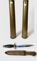 A hunting knife with 8-inch double-edged stainless steel blade, by Sussex Armoury, brass cross-gaurd