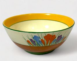 A Clarice Cliff Crocus pattern bowl, with printed factory marks to base, 18.5cm diameter