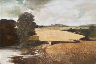Chris Wild (British 20th Century), 'Landscape with Cornfield,' with castle ruins beyond, signed, oil