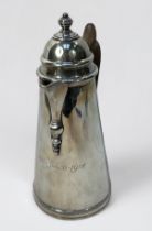 A George V silver hot-water jug by S W Smith & Co. Of tapering cylindrical form with hinged dome