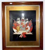 A Victorian silk needlwork panel of Royal Naval and Merchant Navy crest featuring the Lion and