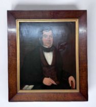 19th Century School. A half-length seated portrait of a man, with white shirt, black scarf,