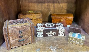 A collection of six assorted wooden boxes including a two section tea caddy, a jewellery box with