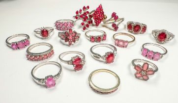 Eighteen various silver ruby and diamond dress rings, total weight 61.8 grams.