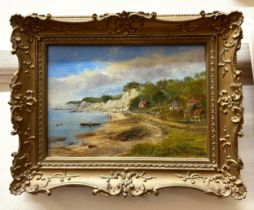 Early 20th Century English School. Coastal scene with white cliffs and fisherman's cottages with