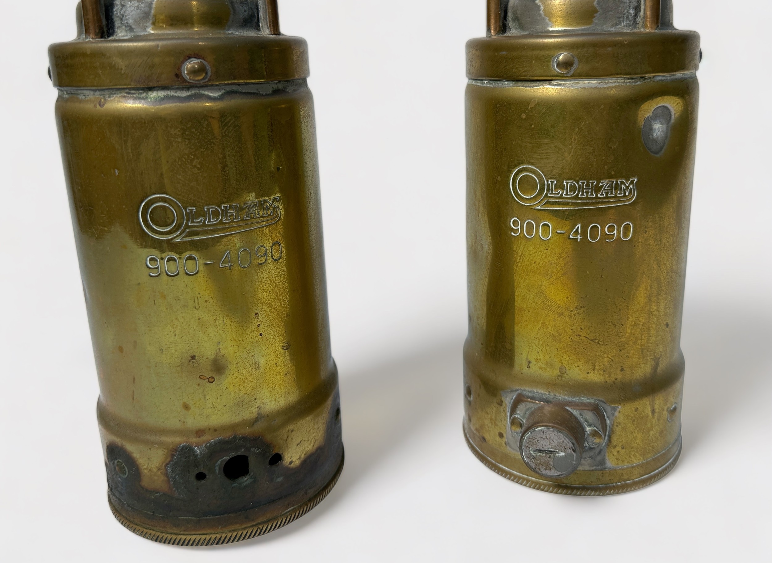 A pair of brass 'Oldham' miner's safety lamps, 27cm high - Image 3 of 3