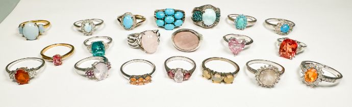 Twenty various silver rings, set with diamonds and coloured stones, including turquoise and pink