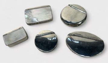 Five assorted pewter snuff boxes by James Furniss Ltd, of various shapes and size, two examples with