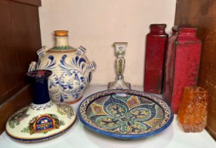 A Moorish tin-glazed pottery wall charger, 'Tangerine' glass coffin vase, Wade pusser's rum