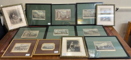 Twelve various 19th century coloured engravings comprising 7x London architectural buildings, 2x