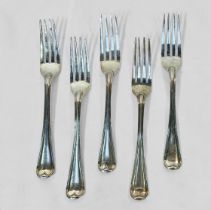 A set of five Victorian silver forks by Chawner & Co. With crests to underside of handles,
