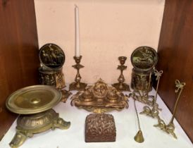 A various metalware including a gold-painted bronze inkwell standish with matchbox holder and