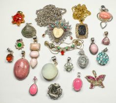 Twenty various silver pendants, set with various coloured gemstones, including turquoise, and ruby