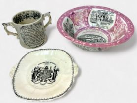 A 19th century Dixon & Co Sunderland pink Lustre bowl printed with ship, Mariner's verse, various