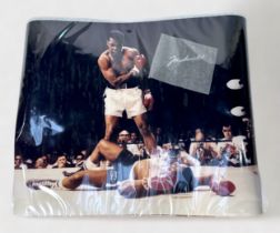 An iconic image of Muhammad Ali standing over Sonny Liston, bearing a Muhammad Ali signature in