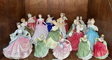 Thirteen large Royal Doulton poorcelain crinoline ladies and female figures and four medium size