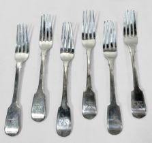 Two part-sets of three Georgian silver forks, one set by William Bateman I, the other set by William