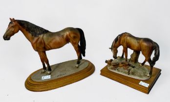 Two various Capodimonte painted composite horse studies, on wooden plinth bases, 29cm and 19cm high,