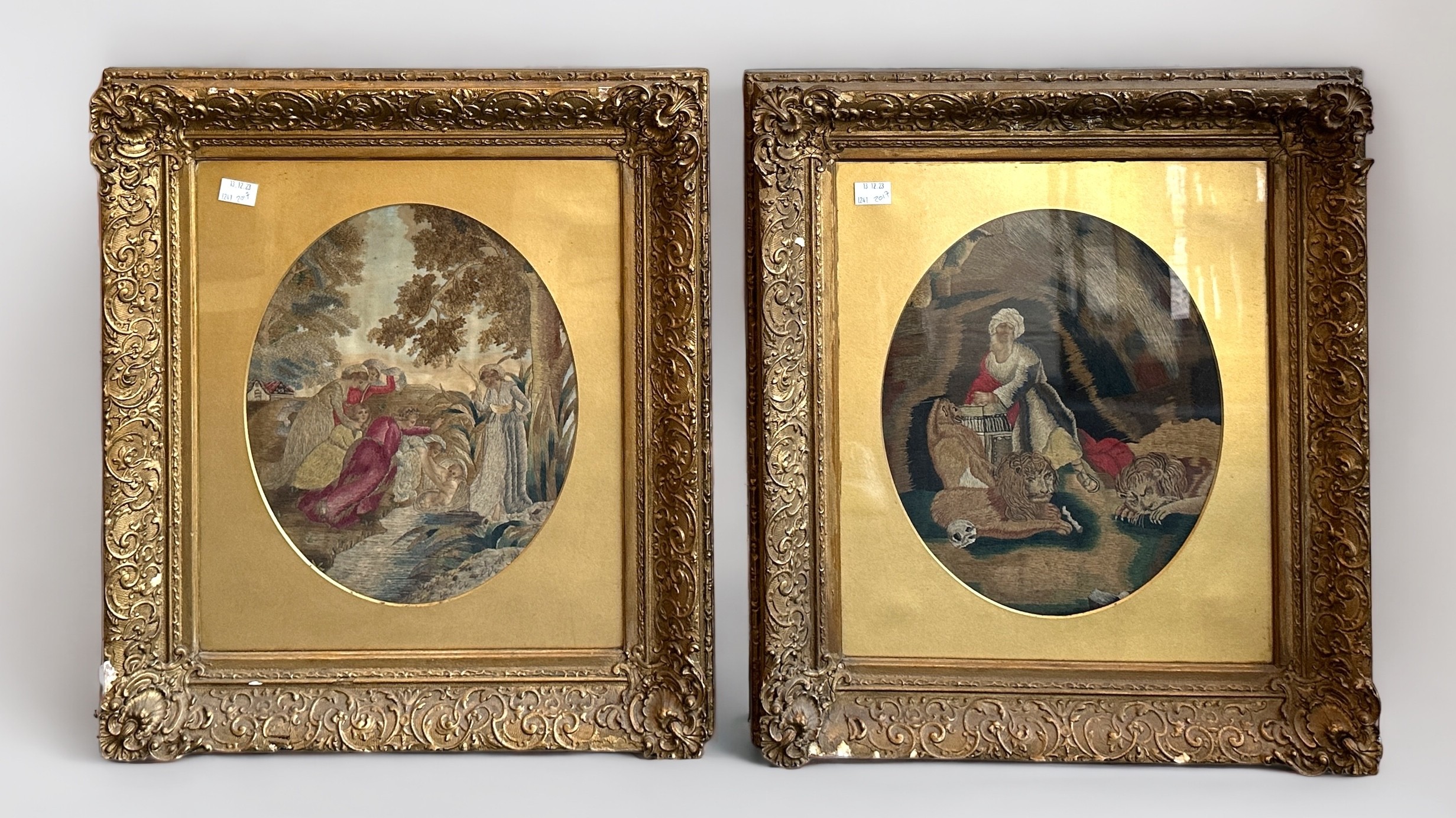 A pair of George III Oval Silkwork Pictures, worked in fine coloured silk threads with stories